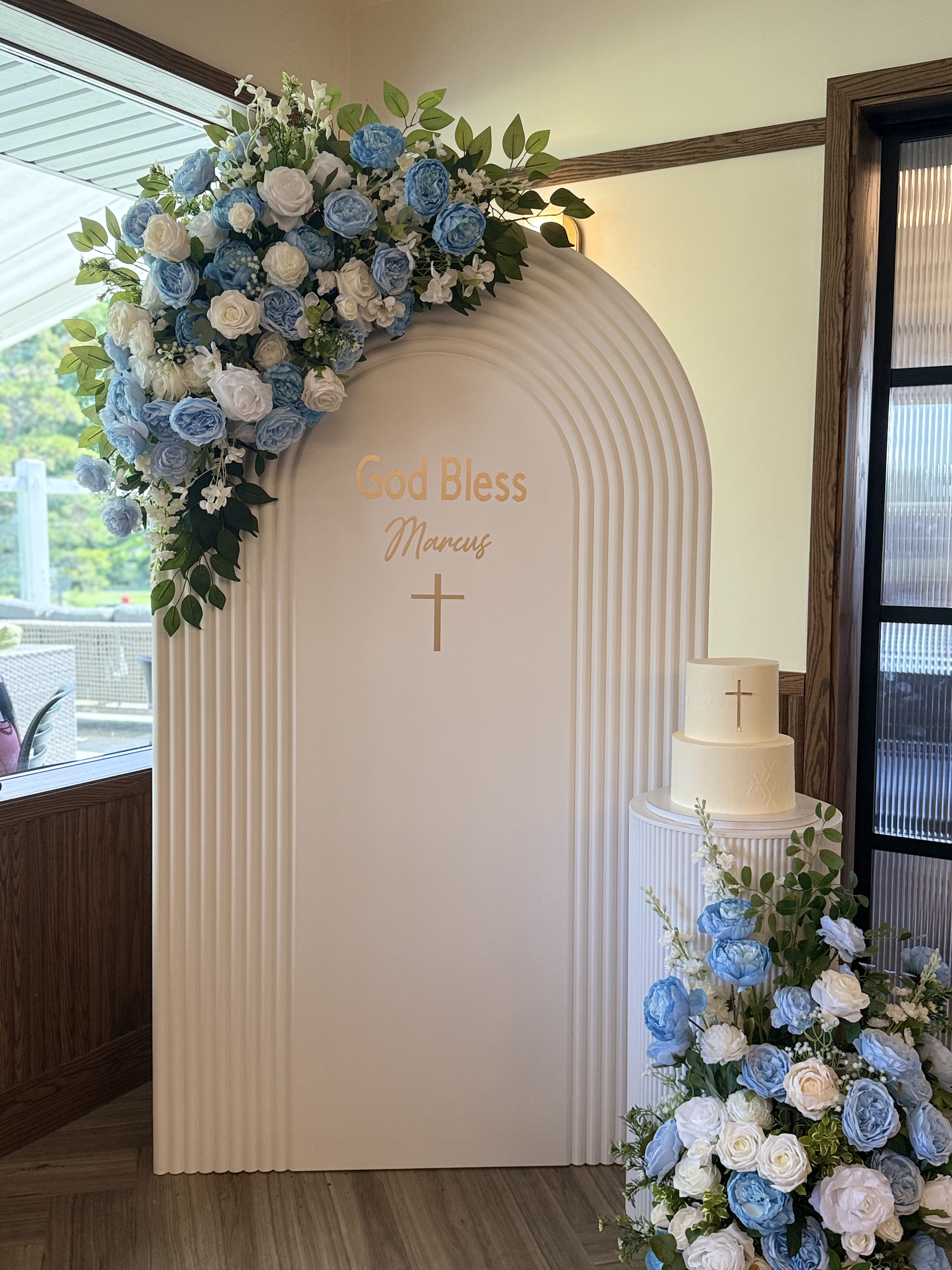 Blue and White Communion Backdrop